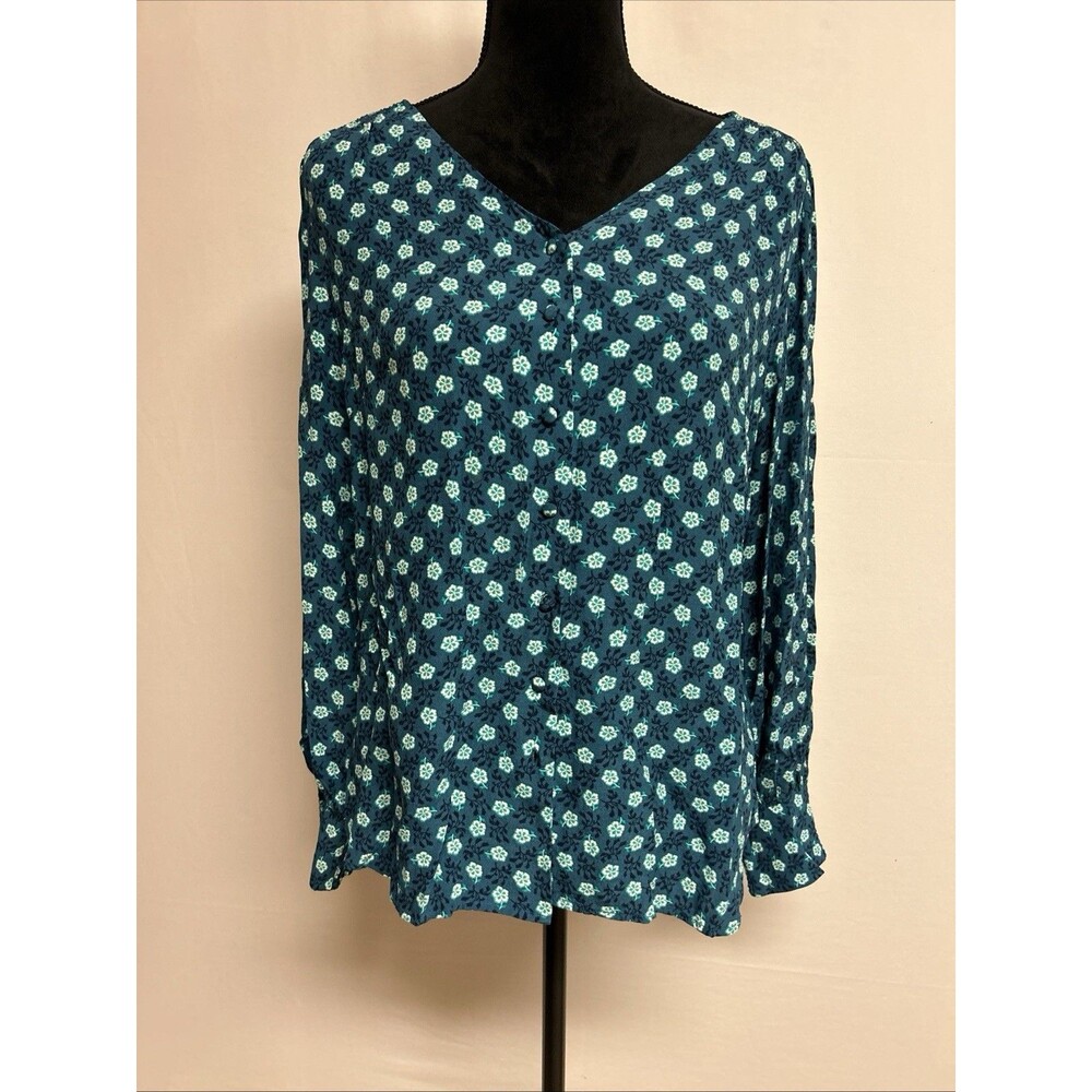 Talbots Womens Sz L  Top Teal Floral Button Up Long Sleeve V Neck 100% Viscose